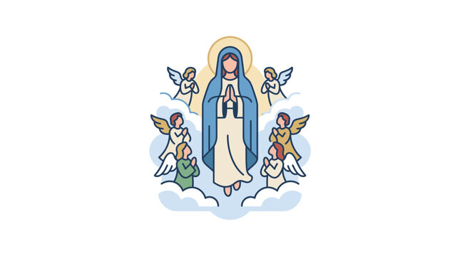 Spiritual Illustration of a Holy Woman Surrounded by Praying Angels in the Clouds