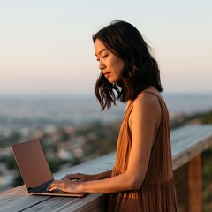 Obraz premium Young woman working on a laptop at a balcony railing with city view for remote work banner and outdoor productivity background