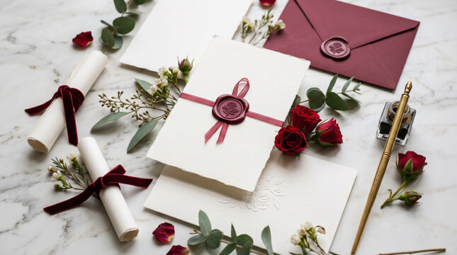 Elegant wedding invitation card with burgundy envelope, floral decorations, and wax seal on marble surface, accompanied by scrolls and a gold pen for a sophisticated presentation