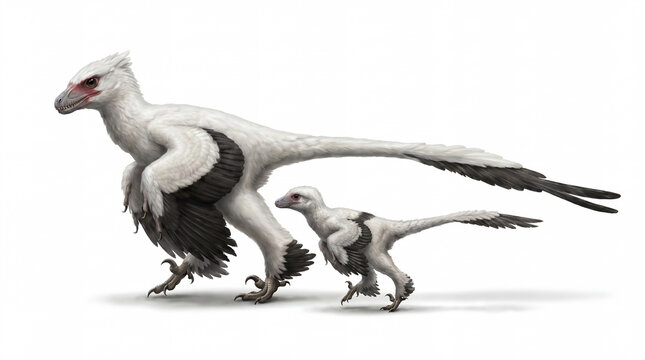Microraptor zhaoianus adult walking alongside a juvenile, displaying natural family behavior and accurate feathered anatomy in a detailed scientific paleontological reconstruction isolated on white ba