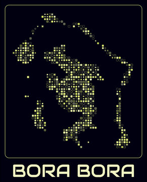 Bora Bora digital style map. Small roundedSquare dots on dark background. Dotted shape of the island. Vector map and title. Amazing vector illustration.