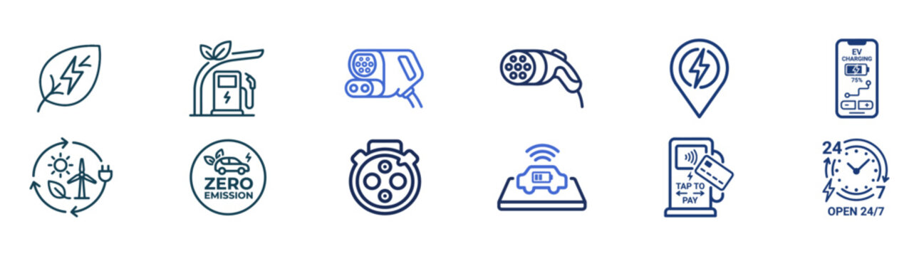 Electric Vehicle EV Charging and Green Energy Icon Set, Blue Line Art Vector Icons for Zero Emission Car, Charging Plug, Sustainable Infrastructure, and Eco Transport Concepts