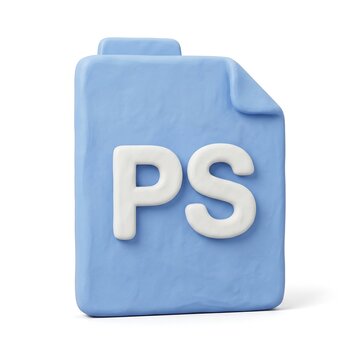 3D claymorphism light blue file document icon with white letters PS on white background