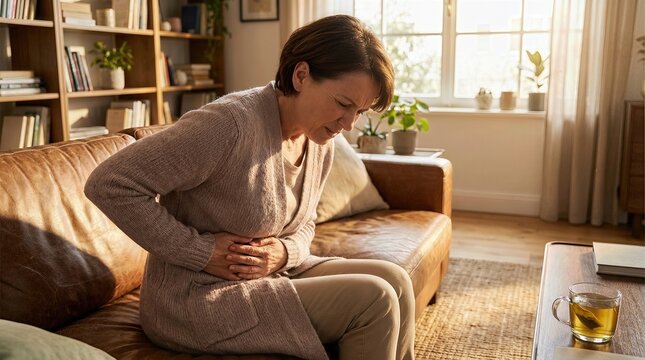 Middle aged woman experiencing significant abdominal pain, a symptom of gallbladder disease, severe discomfort from a digestive health issue, resting on her couch at home