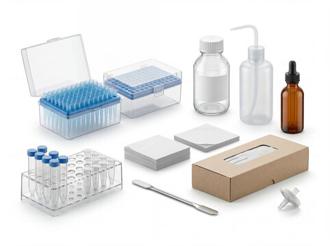 Laboratory Consumables Workflow With Pipette Tips, Reagent Bottles And Sample Preparation Equipment