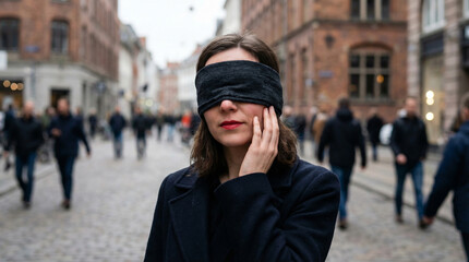 Fototapeta premium Woman Blindfolded Standing in Busy City Street with Buildings