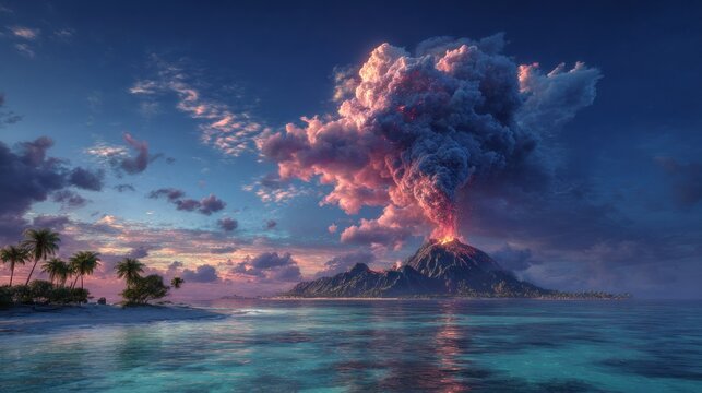 Massive volcanic eruption spews ash and smoke into the twilight sky above a tropical island ocean scene