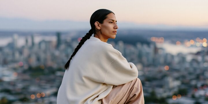 Person seated on a rooftop ledge overlooking a cityscape for contemplative lifestyle background and banner design with soft evening light