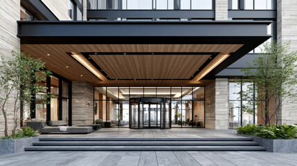 Obraz premium Modern hotel entrance with glass revolving door, wood ceiling, stone wall, outdoor seating, and greenery, creating welcoming luxury atmosphere