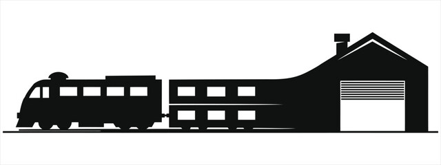 Fototapeta premium Minimalist Train and Warehouse Silhouette Icon. Vector Illustration of a Cargo Train Connected to a Logistic Depot Building Isolated on White.