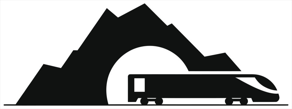 Minimalist Modern Train Entering a Mountain Tunnel Vector Illustration. Black and White Flat Silhouette Graphic Design Asset