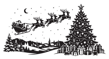 Christmas scene silhouette with santa claus reindeer tree and village on white background holiday winter black vector illustration father sleigh © MdSamir