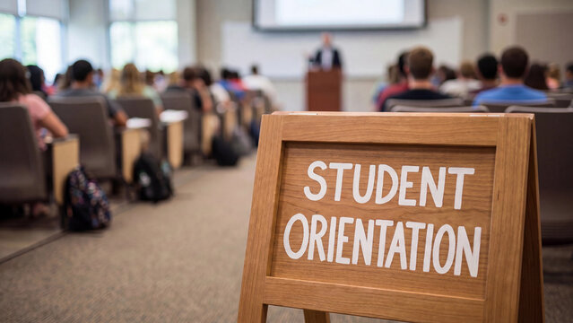 Student orientation event at university lecture hall for academic program introduction campus integration and new student enrollment onboarding experience