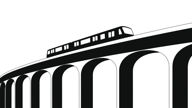 Minimalist Black and White Vector Illustration of an Elevated Train Riding on an Urban Viaduct Bridge