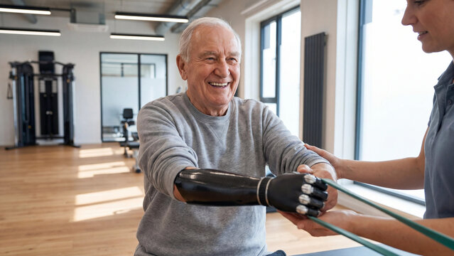 Elderly patient prosthetic arm rehabilitation and physical therapy recovery for amputee mobility restoration and senior adaptive care in clinical setting
