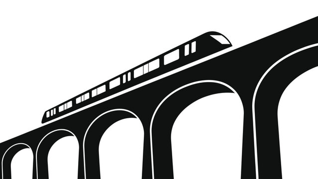 Minimalist Black and White Vector Illustration of an Elevated Train on an Urban Viaduct, Modern Monorail or Subway Overpass Graphic Art