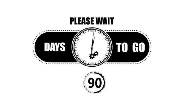 Black and white countdown showing ninety days to go with a clock face and gear on a clean white background for web interface