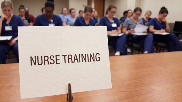 Nurse training classroom education session for clinical skill development healthcare workforce preparation and professional nursing certification in hospital learning programs