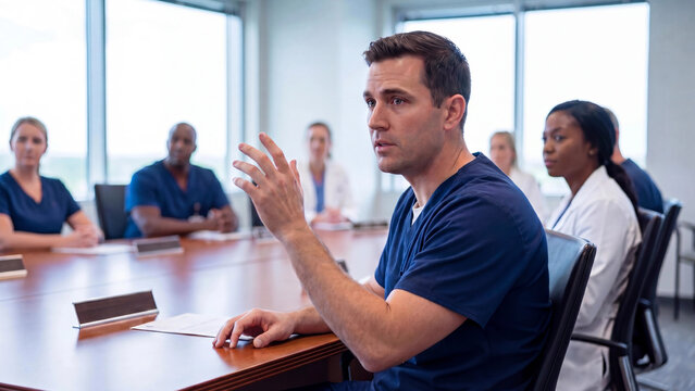 male nurse rising hand asking question during Medical team hospital board meeting for clinical case discussion healthcare decision