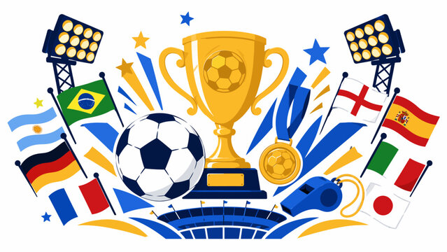 International Soccer Championship Trophy with World Flags and Football Ball Vector Illustration