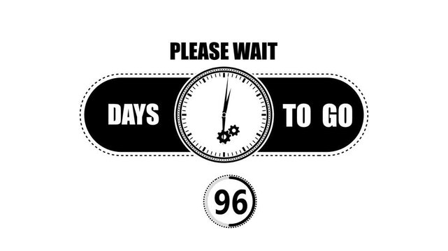 Black and white countdown showing ninety six days to go with a clock face and gear on a clean white background for project planning