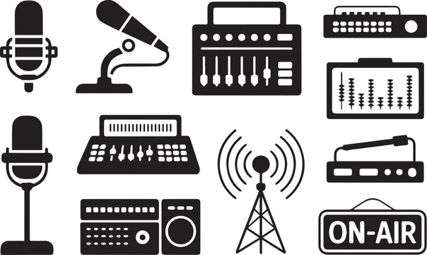 Radio broadcasting equipment icons in black and white flat design for music production