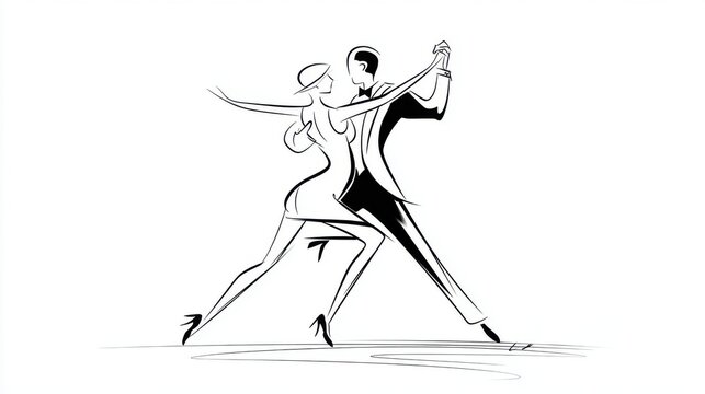 Elegant couple dancing a romantic waltz on their wedding day. A stylized illustration captures a newlywed couple in a passionate embrace, performing a graceful waltz during their first dance