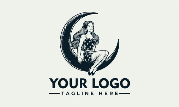 Retro style crescent moon and female figure vector logo illustration for mystic design
