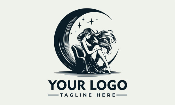 Mystical woman sitting on crescent moon vector logo illustration for beauty and wellness