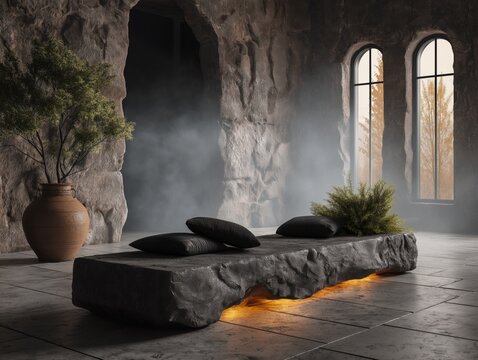 Solid stone bench with black cushions situated in a moody cavern interior featuring warm glowing light and plants