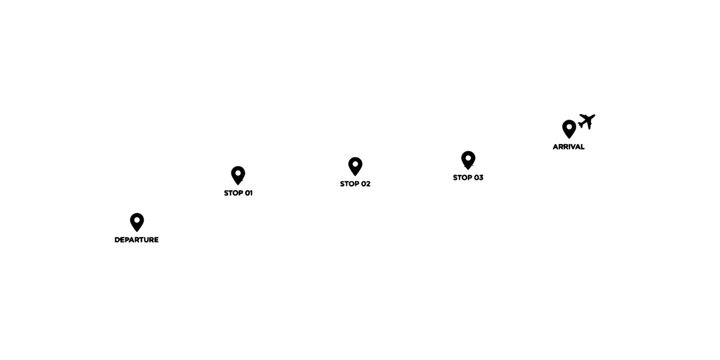 Airplane Flight Path Illustration with Departure, Stops, and Arrival Markers Featuring Travel, Journey, Route with Map and Vector