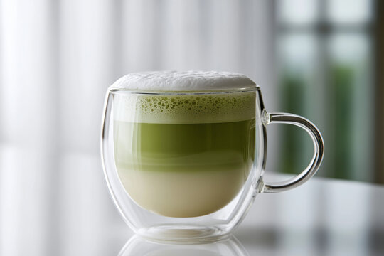 Matcha latte in clear glass cup with frothy milk foam, layered green and white, on reflective table, soft natural light, calm morning mood