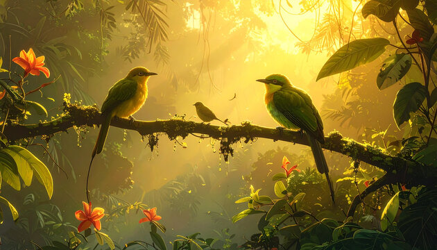 Green Tropical Birds In Forest Light