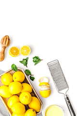 Fototapeta premium healthy sweet curd cooking with lemons on kitchen white background top view mock up