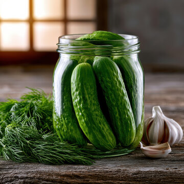 Homemade pickled cucumber in glass jar with fresh dill and garlic on rustic wooden table, natural light, healthy snack