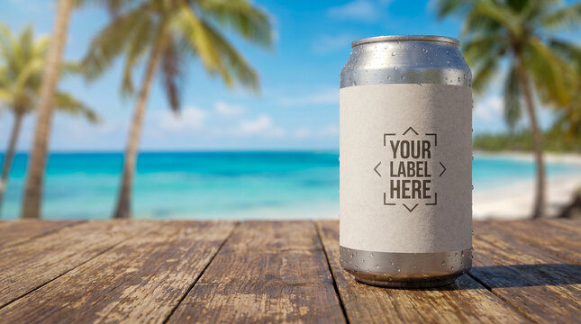 Lata refrescante en playa tropical para campa&ntilde;as publicitarias de verano.