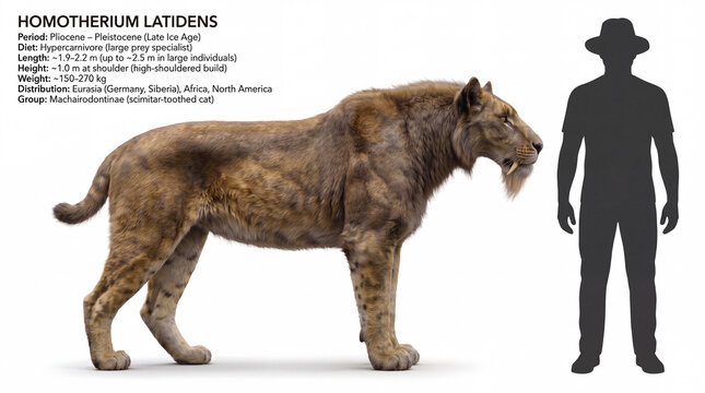 Scientific size comparison chart of Homotherium latidens with a human silhouette, including key informational data and an accurate paleomammal reconstruction isolated on white background