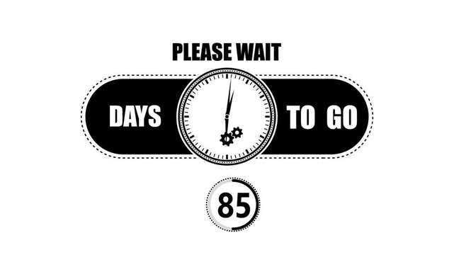 Black and white countdown showing eighty five days to go with a clock face and gear on a clean white background for project planning