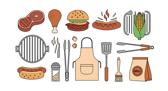 Barbecue grilling set with various tools and food items, including steaks, burgers, hot dog, corn, and condiments, for outdoor cooking and summer gatherings