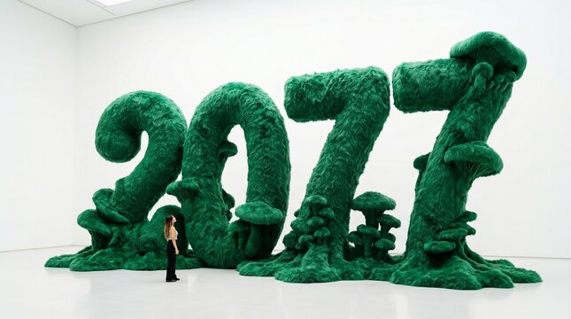 Giant green moss-covered 2077 sculpture in modern art gallery with science fiction art work sculpture installation exhibition creative interior contemporary environment biophilic