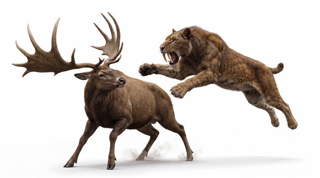 Homotherium latidens hunting a Megaloceros, displaying natural predatory behavior and accurate anatomy in a detailed scientific paleomammal reconstruction isolated on white background