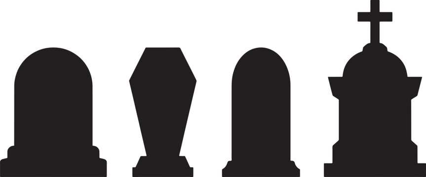 Collection of black tombstone icons isolated on transparent background including rounded arched and cross headstone shapes for funeral concepts.