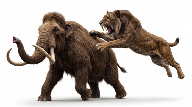 Homotherium latidens leaping over a woolly mammoth during a hunting attempt, displaying dynamic predatory behavior and accurate anatomy in a detailed scientific paleomammal reconstruction isolated