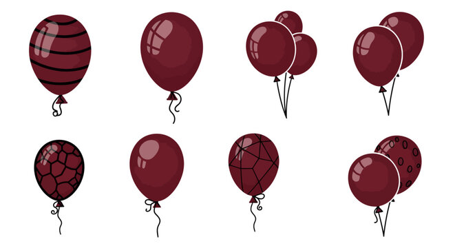 Stylized maroon balloons with shiny reflections and various patterns, suitable for celebrations, parties, and festive events, vibrant decorative elements