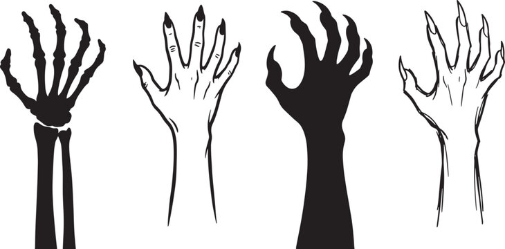 Set of four scary monster hands with sharp claws and skeleton hand silhouettes isolated on transparent background for halloween design projects.