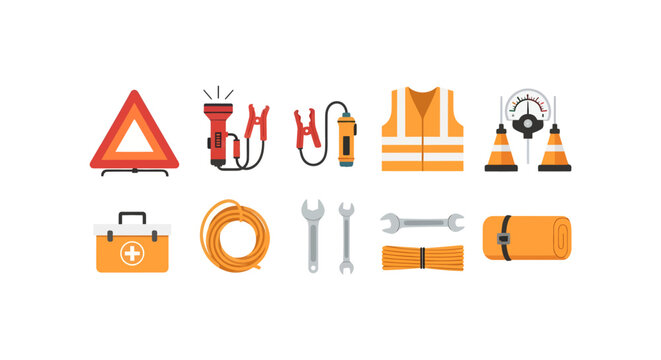 Tools and safety equipment set for construction handyman work includes reflective vest, flashlight, ropes, wrench, screwdriver, cones, first aid kit, and portable gear