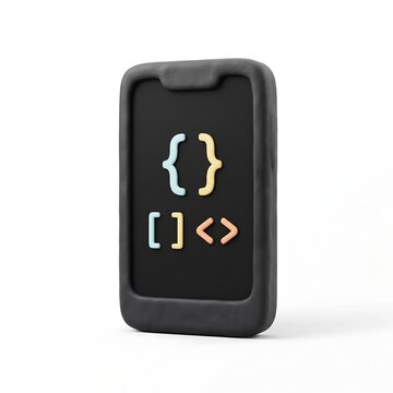 3D claymorphism smartphone with coding symbols on black screen isolated on white background studio render