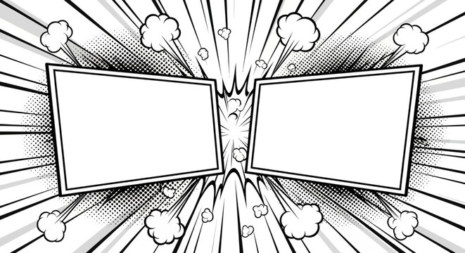 Two blank comic book style frames with dynamic explosion effect.