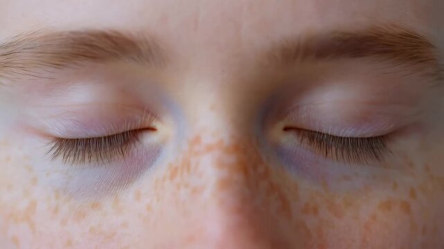 Close-up of a person's blue eyes with freckles, showcasing emotion and depth of character. Eyes convey feelings, connection, and individuality