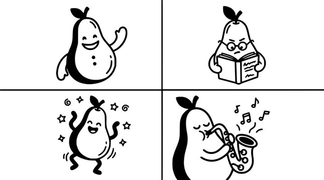 Pears Anthropomorphized in Four Different Activities in a 2x2 Grid Featuring Pear, Anthropomorphic, Illustration with Cartoon